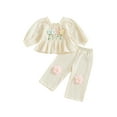 thumbnail image 1 of Miaouyo 0-4 Years Toddler Baby Girl Fall Outfits 3D Flower Smocked Ruffled Trim Crew Neck Long Sleeve Tops with Pants 2 Pcs Set, 1 of 10