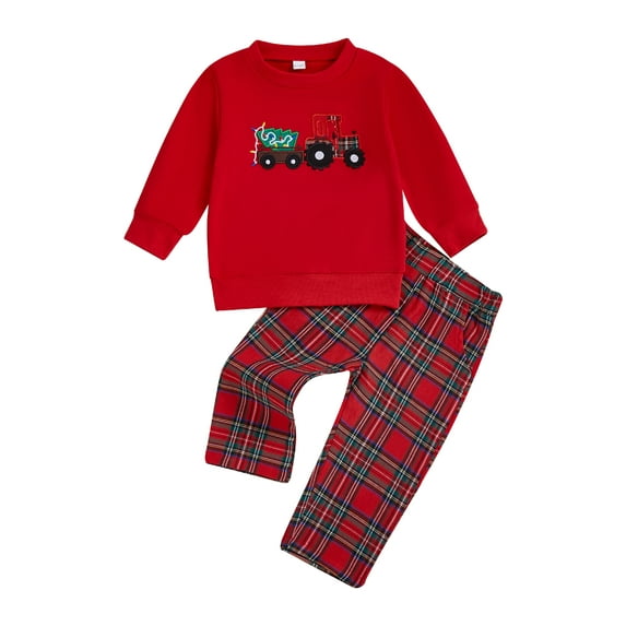 Miaouyo 0-4T Toddler Baby Boys Christmas Fall Outfit Truck Tree Embroidered Long Sleeve Sweatshirt Plaid Elastic Waist Pants 2 Piece Set