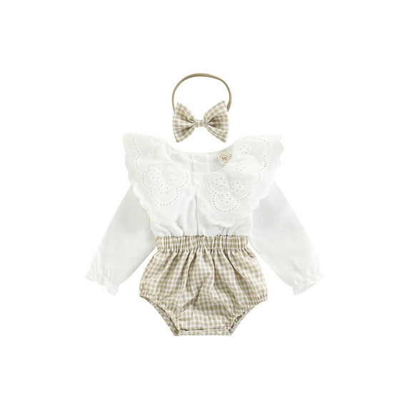 Miaouyo 2Pcs Baby Girl Fall Outfit, 0 6 9 12 18 Months Plaid Patchwork Lace Doll Collar Long Sleeve Romper + Hairband Set for Infants, 0-18 Months