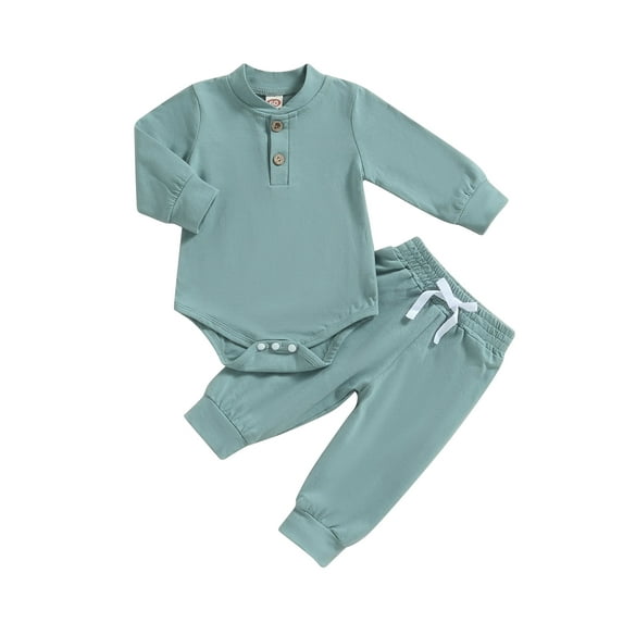 Miaouyo Baby Boy 2 Piece Outfit Solid Color Button Long Sleeve Rompers and Elastic Pants Fall Clothes