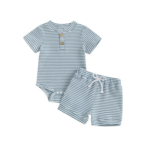 Miaouyo Baby Boy Shorts Set Striped Half Button-up V Neck Short Sleeve Bodysuit Elastic Waist Shorts 2 Piece Summer Outfit