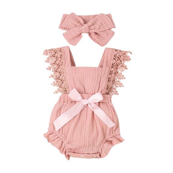 Miaouyo Baby Girl 2Pcs Summer Outfits, 0 3 6 12 18 Months Sleeveless Bow Front Lace Romper with Headband Set