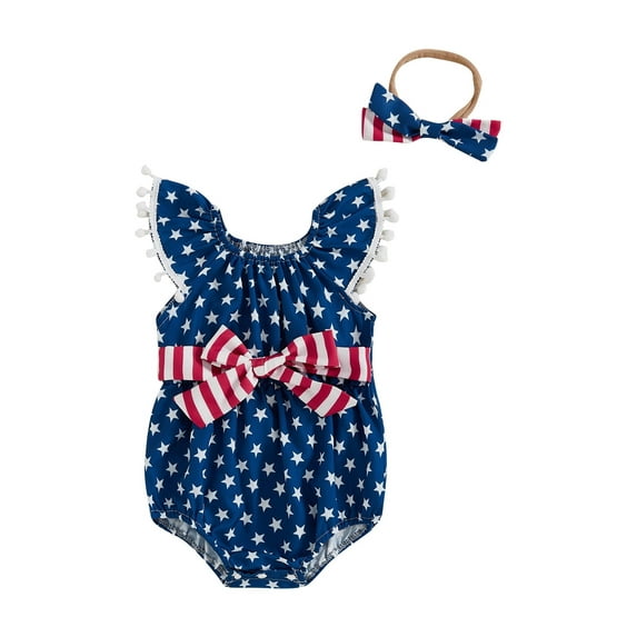 Miaouyo Baby Girl 4th of July Romper Flying Sleeve Round Neck Star Stripe Printed Bodysuit with Bow Headband