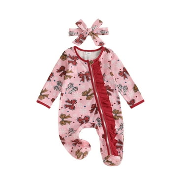 Miaouyo Baby Girl Christmas Footed Romper 0 3 6 Months Long Sleeve O Neck Bow Print Oblique Zipper Jumpsuit with Headband