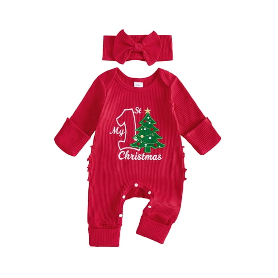 Miaouyo Baby Girl Christmas Romper Embroidery Crew Neck Bodysuits with Headband