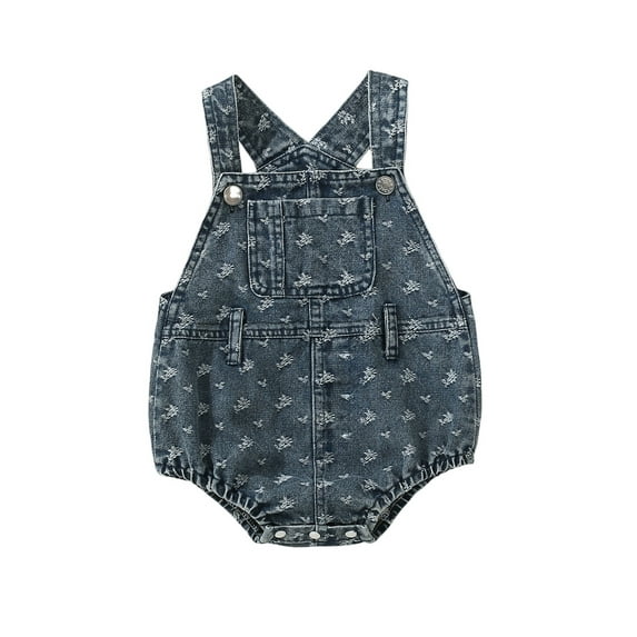 Miaouyo Baby Girl Denim Overalls Romper Floral Print Sleeveless Jean Bodysuit with Pocket Summer Clothes