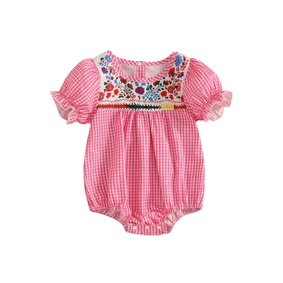 Miaouyo Baby Girl Plaid Romper Mexican Style Flower Print Short Sleeve Bodysuit Cute Summer Clothes