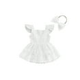 thumbnail image 1 of Miaouyo Baby Girl Summer Outfit, Square Neck Fly Sleeve Lace Romper Dress Bow Headband 2 Piece Set for Toddler, 1 of 9