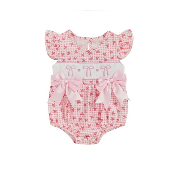 Miaouyo Baby Girl Summer Romper Flying Sleeve Round Neck Bow/Strawberry Print Bow Jumpsuit Bubble Bodysuit