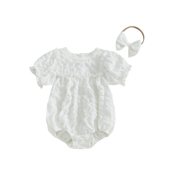 Miaouyo Baby Girl Summer Romper Solid Color Short Sleeve Jumpsuit with Cute Headband Set 2 Piece Clothes Outfits