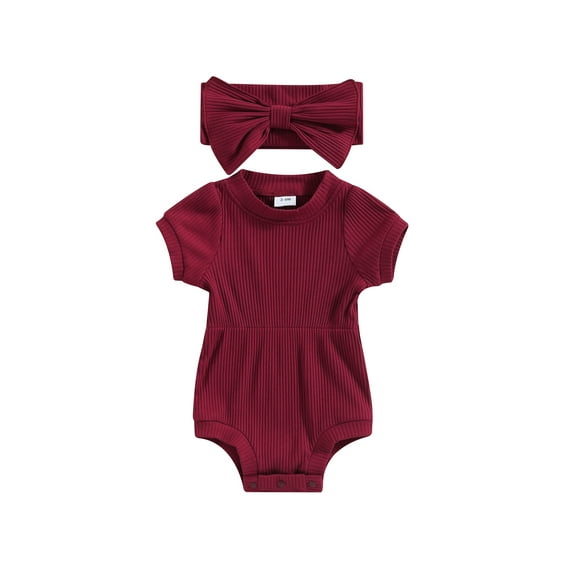 Miaouyo Baby Girls Jumpsuit Set 0 3 6 9 12 18 Months Solid Color Ribbed Short Sleeve Romper with Bow Headband Summer Outfits