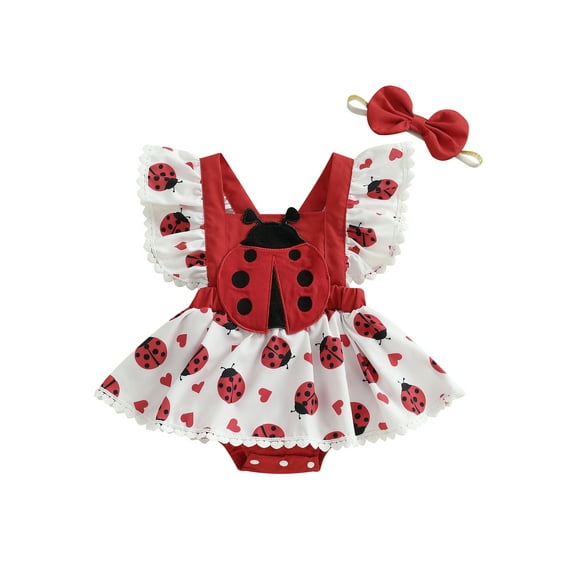Miaouyo Baby Girls Rompers Dress Bee/Ladybug Print Skirt Hem Fly Sleeve Jumpsuits Bodysuits with Headband