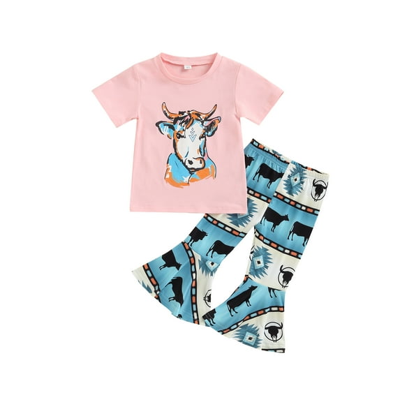 Miaouyo Baby Girls Summer 2Pcs Outfit Sets Short Sleeve Round Neck T-shirt + Cattle Print Flared Pants, 1-6 Years