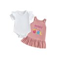thumbnail image 1 of Miaouyo Baby Girls Summer Clothes Solid Short Sleeve Romper with Letter Embroidery Overall Dress 2 Pcs Set, 1 of 9