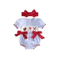 thumbnail image 1 of Miaouyo Baby Girls Summer Striped Romper Short Sleeve Round Neck Baseball Embroidery Bodysuit with Bow Headband, 1 of 9