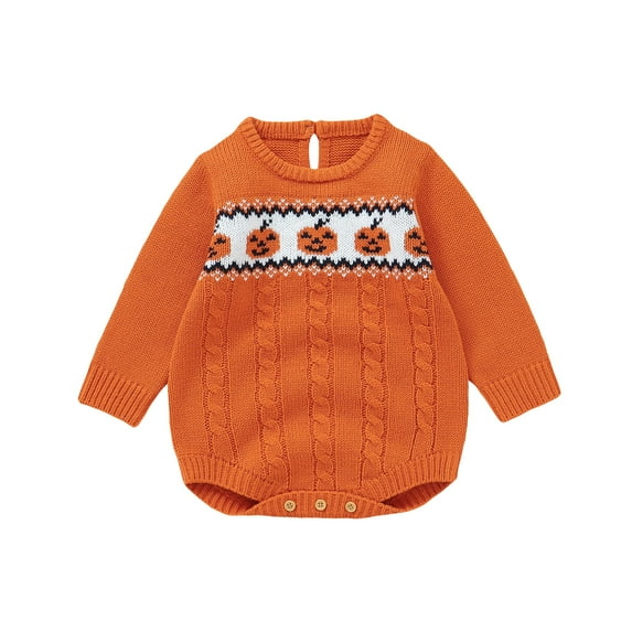 Miaouyo Baby Halloween Sweaters Romper Pumpkin Cable Knit Long Sleeve Round Neck Ribbed Pullover Jumpsuits