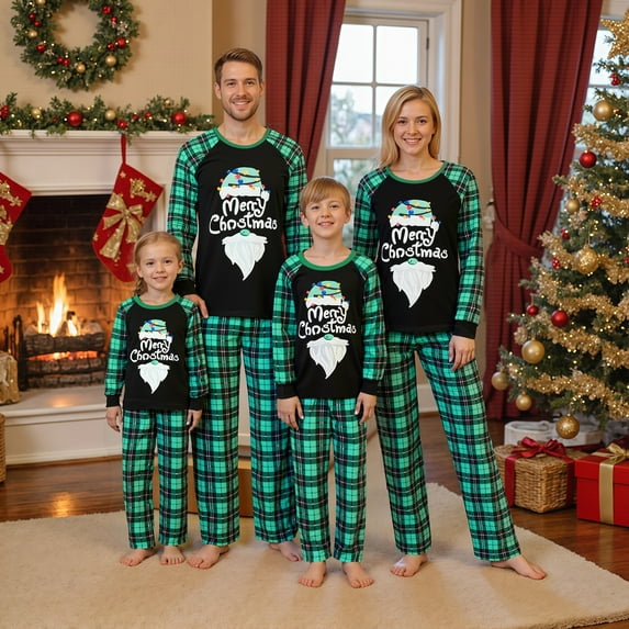 Miaouyo Christmas Family Pajamas Matching Set Long Sleeve Letters Print T-shirt with Plaid Pants Sleepwear Loungewear