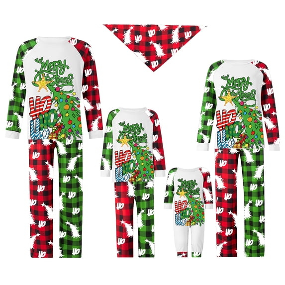 Miaouyo Christmas Family Pajamas Matching Set Long Sleeve Tree Letters Print T-shirt with Plaid Pants Sleepwear Loungewear