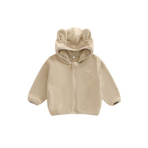 Miaouyo Girl Boys Hooded Plush Jacket Adorable Solid Color Bear Ear Long Sleeve Zipper Up Outerwear