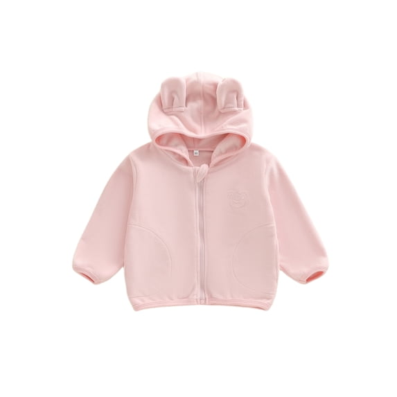 Miaouyo Girl Boys Hooded Plush Jacket Adorable Solid Color Bear Ear Long Sleeve Zipper Up Outerwear