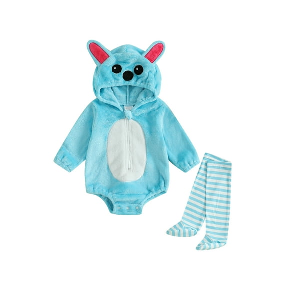 Miaouyo Infant Baby Boys Girls Halloween Romper with Stockings 2 Pcs Clothes Set 0 3 6 12 18 Months Cute Zip Up Hooded Cow/Penguin/Monster Outifts
