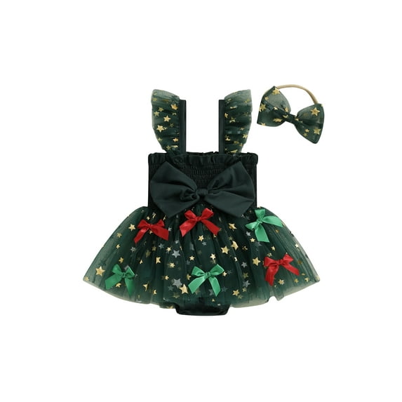 Miaouyo Infant Baby Girl Christmas Outfit 0 3 6 9 12 18 Months Sleeveless Stars Bows Tulle Patchwork Romper Dress with Hairband