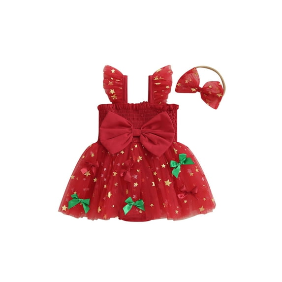Miaouyo Infant Baby Girl Christmas Outfit 0 3 6 9 12 18 Months Sleeveless Stars Bows Tulle Patchwork Romper Dress with Hairband