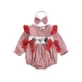 thumbnail image 1 of Miaouyo Infant Baby Girl Fall Romper 0 3 6 12 18 Months Bows Animal Rugby Embroidered Plaid Crew Neck Long Sleeve Romper and Bow Headband, 1 of 9