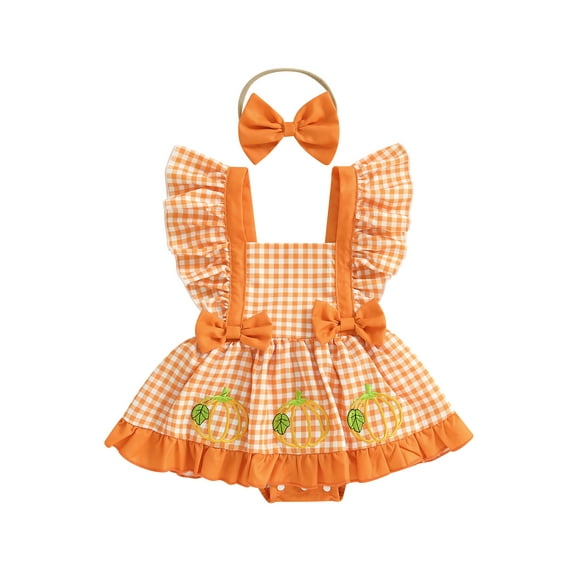 Miaouyo Infant Baby Girl Halloween Thanksgiving Outfit 0 3 6 12 18 MonthsPumpkin/Turkey Flying Sleeve Romper Dress Bow Headband 2 Piece Set