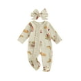 thumbnail image 1 of Miaouyo Infant Baby Girl Thanksgiving Fall Outfits 0 3 6 12 18 Months Long Sleeve Turkey Print Ruffle Footed Zipper Romper with Headband 2 Pcs Set, 1 of 9