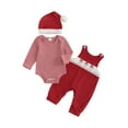 thumbnail image 1 of Miaouyo Infant Baby Girls Boys Christmas Outfit 0 3 6 9 12 18 Months Loose Fit Striped Crew Neck Romper Embroidered Overalls Pants and Cap 3 Pcs Set, 1 of 9