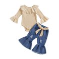thumbnail image 1 of Miaouyo Infant Baby Girls Fall Outfits 0 3 6 9 12 18 Months Ruffle Long Sleeves Romper and Ripped Denim Flare Pants Clothes Set, 1 of 8