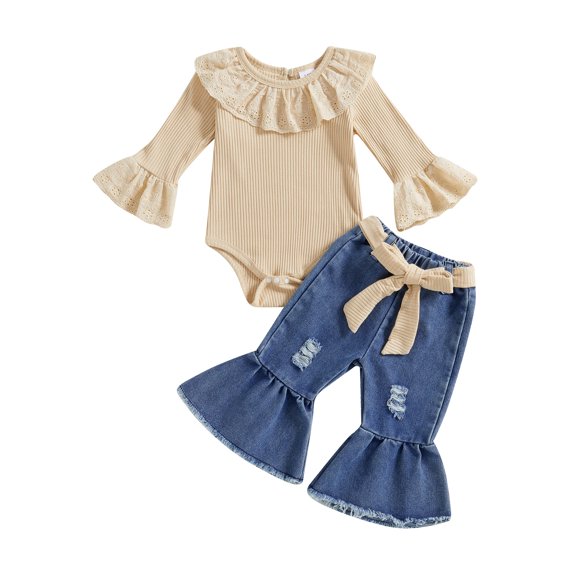 Miaouyo Infant Baby Girls Fall Outfits 0 3 6 9 12 18 Months Ruffle Long Sleeves Romper and Ripped Denim Flare Pants Clothes Set