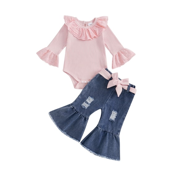 Miaouyo Infant Baby Girls Fall Outfits 0 3 6 9 12 18 Months Ruffle Long Sleeves Romper and Ripped Denim Flare Pants Clothes Set