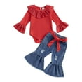 thumbnail image 1 of Miaouyo Infant Baby Girls Fall Outfits 0 3 6 9 12 18 Months Ruffle Long Sleeves Romper and Ripped Denim Flare Pants Clothes Set, 1 of 8