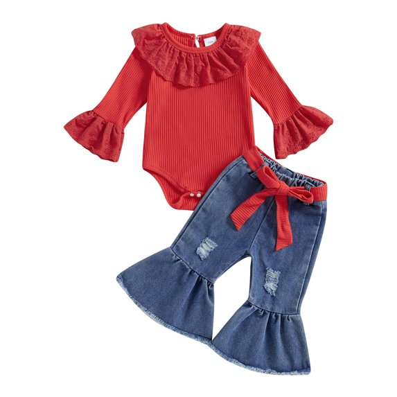 Miaouyo Infant Baby Girls Fall Outfits 0 3 6 9 12 18 Months Ruffle Long Sleeves Romper and Ripped Denim Flare Pants Clothes Set