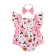 thumbnail image 1 of Miaouyo Infant Baby Girls Halloween Romper 0 3 6 12 18 Months Pumpkin Print Fly Sleeves Square Neck Jumpsuits and Cute Headband, 1 of 9