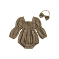 thumbnail image 1 of Miaouyo Infant Baby Girls Spring Fall Romper 0 3 6 12 18 Months Long Sleeve Square Neck Solid Color Romper with Headband, 1 of 9