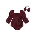 thumbnail image 1 of Miaouyo Infant Baby Girls Spring Fall Romper 0 3 6 12 18 Months Long Sleeve Square Neck Solid Color Romper with Headband, 1 of 9