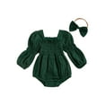 thumbnail image 1 of Miaouyo Infant Baby Girls Spring Fall Romper 0 3 6 12 18 Months Long Sleeve Square Neck Solid Color Romper with Headband, 1 of 9