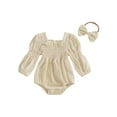 thumbnail image 1 of Miaouyo Infant Baby Girls Spring Fall Romper 0 3 6 12 18 Months Long Sleeve Square Neck Solid Color Romper with Headband, 1 of 9