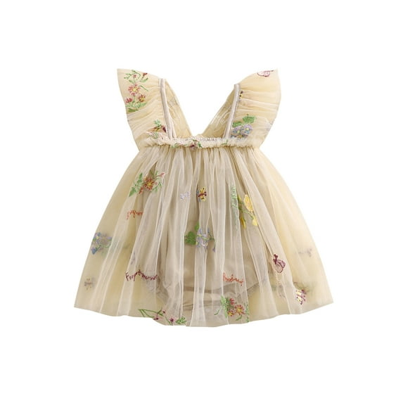 Miaouyo Infant Baby Girls Summer Romper Dress 1 3 6 9 12 18 Months Mesh Flower Butterfly Embroidery Sleeveless Square Neck Adorable Jumpsuit