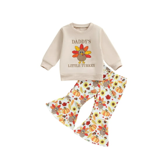 Miaouyo Kid Baby Girls Thanksgiving Pants Set 1T 2T 3T 4T 5T Long Sleeve Letters Print Sweatshirt with Turkey Flare Pants Fall Outfit