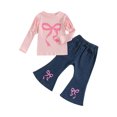 thumbnail image 1 of Miaouyo Kid Girls Pants Set, Long Sleeve Bow Print T-shirt with Denim Flare Pants Fall Outfit, 1 of 9