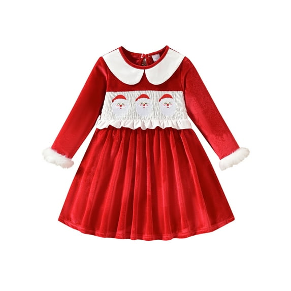 Miaouyo Kids Baby Girls Christmas Fall Dress 1T 2T 3T 4T 5T Long Sleeve Dress Crew Neck Embroidery Santa Claus Fall Dress
