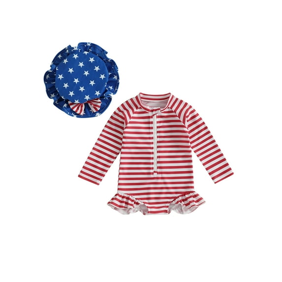 Miaouyo Kids Girl Patriotic Swimsuits Star/Stripe Print Ruffles Zipper Rash Guard Swimwear and Swim Cap for Bathing Suits