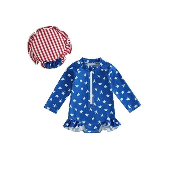Miaouyo Kids Girl Patriotic Swimsuits Star/Stripe Print Ruffles Zipper Rash Guard Swimwear and Swim Cap for Bathing Suits