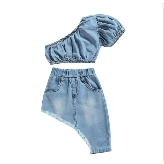 Miaouyo Kids Toddler Girls Summer Clothes Set 12 18 24 Months 2T 3T 4T 5T Solid Color Short Sleeve Off-shoulder Cropped Tops + Irregular Hem Skirt Outfit