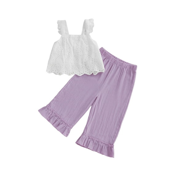 Miaouyo Little Baby Girls Spring Summer Outfit 2T 3T 4T 5T 6T 7T Loose Fit Lace Stylish Ruffled Trim Sleeveless Tops and Straight Leg Pants Clothes Set