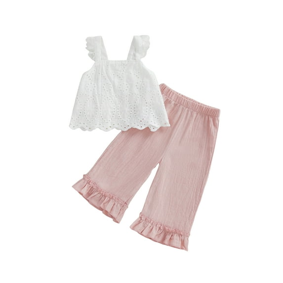 Miaouyo Little Baby Girls Spring Summer Outfit 2T 3T 4T 5T 6T 7T Loose Fit Lace Stylish Ruffled Trim Sleeveless Tops and Straight Leg Pants Clothes Set
